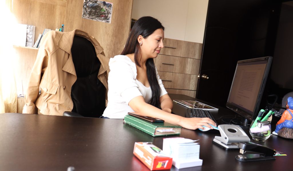 mujer sentada en un escritorio con una computadora