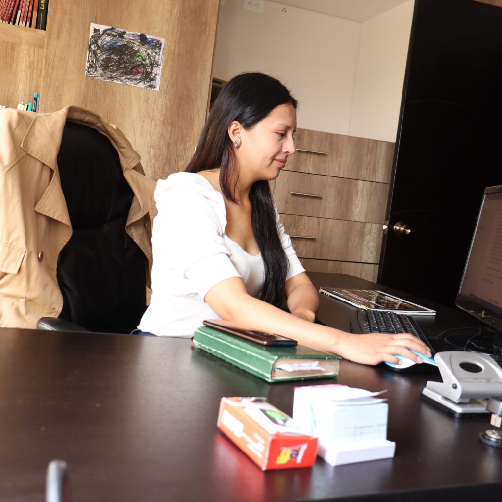 mujer sentada en un escritorio con una computadora